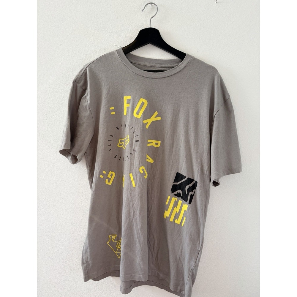 Fox Racing T Shirt Mens Large Gray Yellow Graphic Short Sleeve Standard Fit
